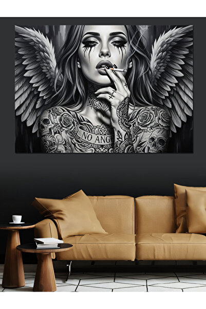 Tablo Mega Siyah Beyaz Melek Kanat Dekoratif Kanvas - Mdf Ahşap Tablo