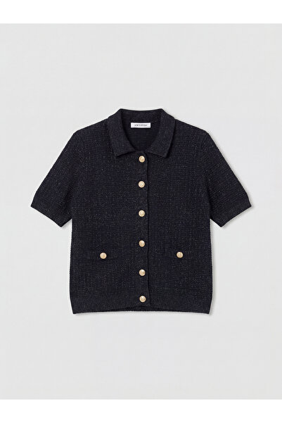 LC Waikiki New season navy blue polo collar textured women's knit cardigan fr...