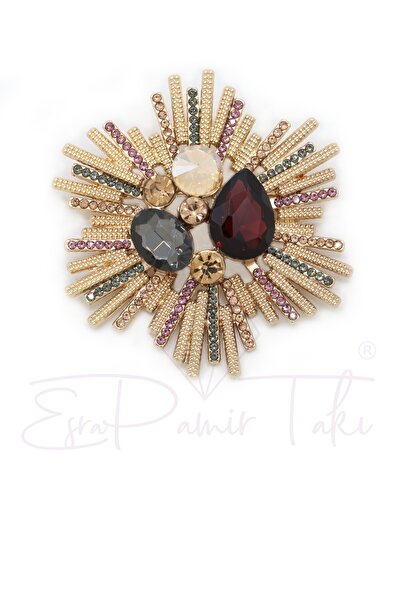 Esra Pamir Mürdüm Füme ve Kehribar Renk Taşlı Altın Renk Broş