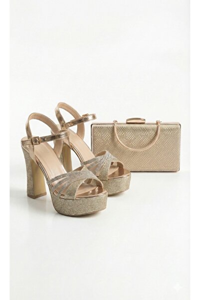 DYG STORE طقم أحذية وحقيبة نسائية بكعب عالٍ ونعل سميك مرصع بالأحجار اللامعة