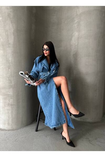 Rabona Fashion Kemerli Yırtmaç Detaylı Denim Trençkot Elbise