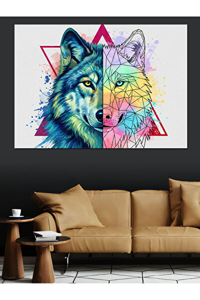 Artmeg Pânză decorativă cu portret artistic cu lup colorat - Tablou din lemn MDF
