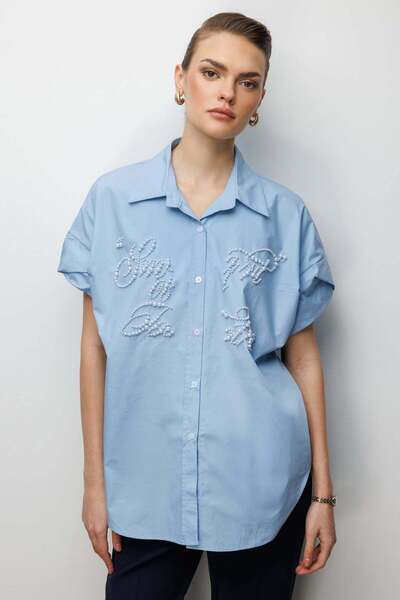 Ekol Boncuk İşlemeli Balon Kol Pamuk Gömlek