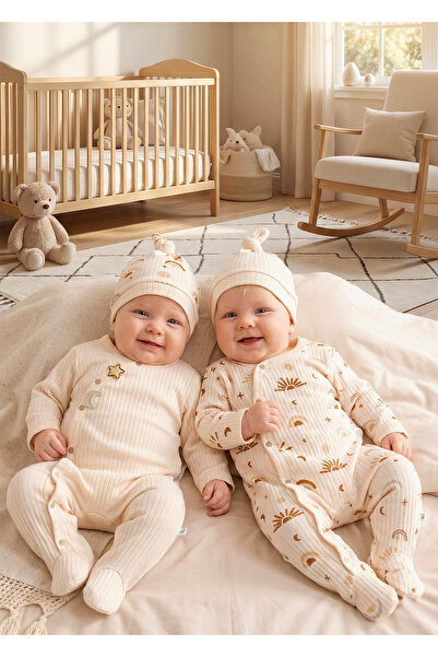 Babymod Sun Patterned 4-Piece 100% Cotton Baby Girl and Boy Romper Set