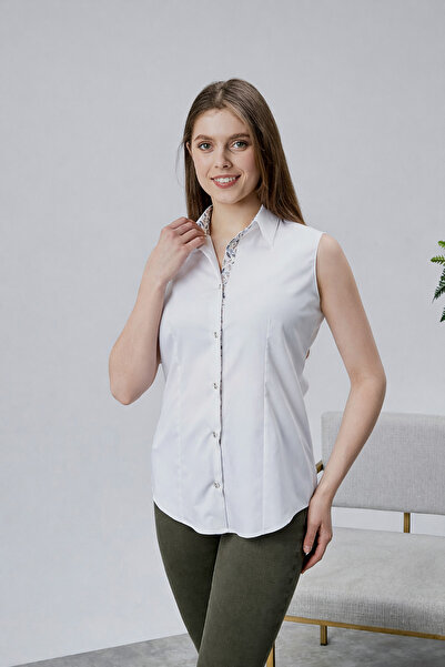 FARQIN White Cotton Satin Fabric and Button Detail Zero Sleeve Slim Fit Women...