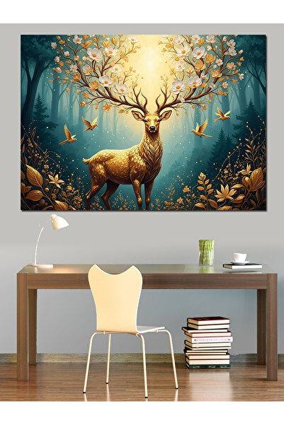 Artmeg Işıltılı Geyik Boynuzları Orman Dekoratif Kanvas - Mdf Ahşap Tablo