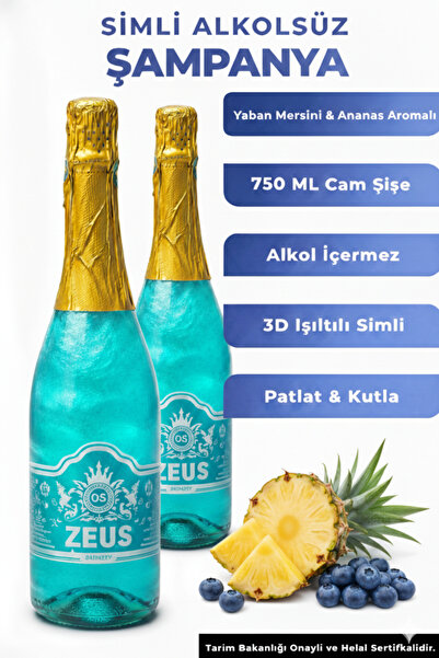 OS ZEUS Simli Alkolsüz Şampanya 2'li Yaban Mersini & Ananas Aromalı Gazlı Pat...