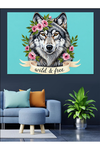 Artmeg Pânză decorativă cu portret floral al feței de lup - Tablou din lemn MDF