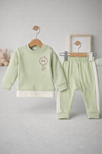 Bebelul Memoza costume with embroidery – cotton set, green, 6-9 months