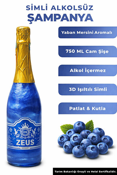 OS ZEUS Simli Alkolsüz Şampanya Yaban Mersini Aromalı 750 ML Gazlı Patlatılab...