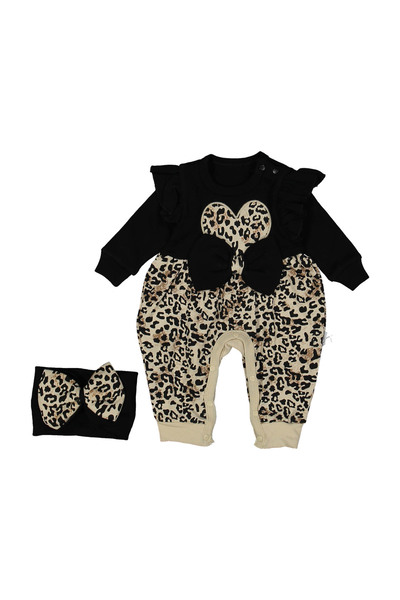 minicayzen Kız Bebek Leopar Desenli Kapli Fiyonklu Saç Bantlı Tulum - %100 Pamuk
