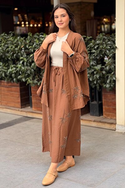 Mahal Beaded Leaf Embroidered Kimono Skirt Set