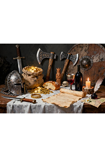 VeliumCraft Tablou Canvas Natura statica medievala 2, 70x50 cm, arme, aur, fl...