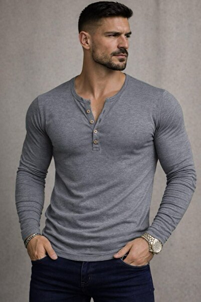 BYBÜLENT Producție specială Tricou cu mânecă lungă, guler Henley, cu nasturi,...