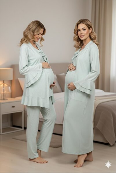 Pelin Women's Mint Green Double Breasted Collar 5-Piece Maternity Nightgown P...