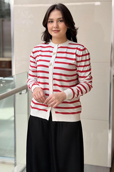 Ghisa Horizontal Striped Mercerized Cardigan with Front Snap Fasteners