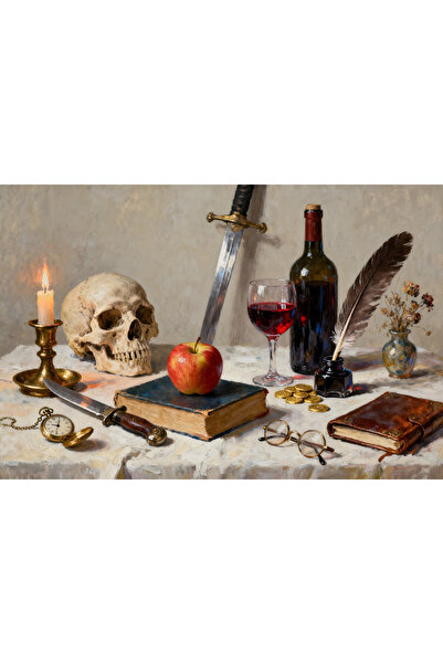 VeliumCraft Tablou Canvas Natura statica medievala 8, 90x60 cm, arme, aur, fl...