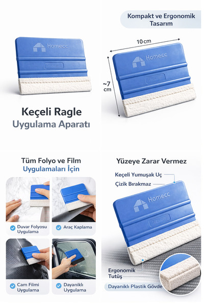 HOMECC İNTERİOR Keçeli Ragle Profesyonel Uygulama Aparatı – Cam Filmi, Yapışk...