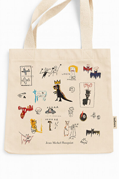 Tee&more. Jean Michel Basquiat Baskılı Cırtlı ve İç Cepli Kanvas Bez Çanta