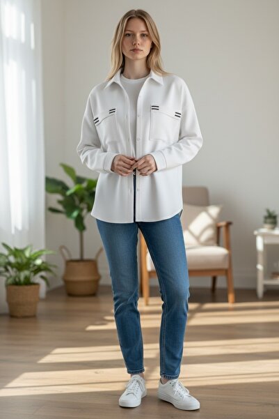 modayiğit Yeni model Beyaz kısa kadın gömlek nakış detaylı