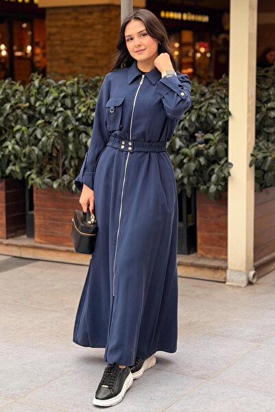 Mahal Shirt Collar Full Length Zippered Belted Dress