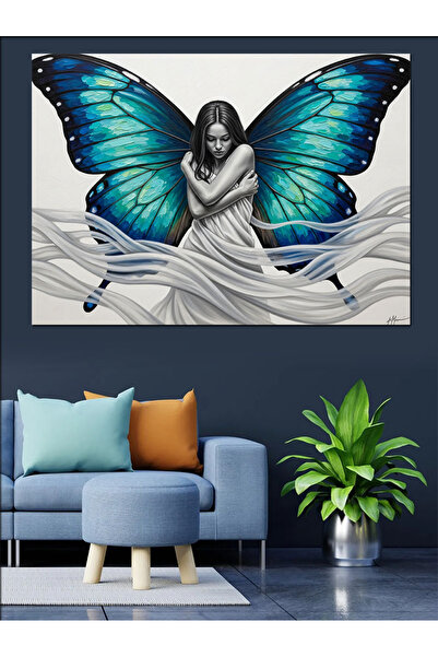 Artmeg Pânză decorativă cu detaliu aripi de fluture albastre - Tablou din lem...
