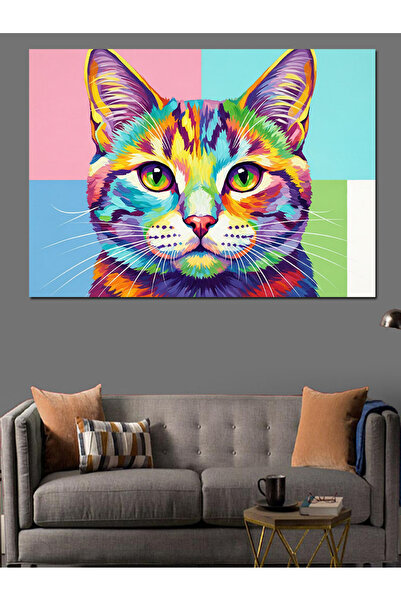 Artmeg Pânză decorativă Popart cu față de pisică colorată - Tablou din lemn MDF