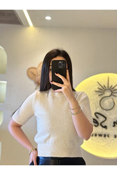 Selin Bisiklet Yaka Pullu Simli Triko Kazak