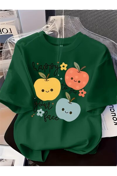 oneagılyazı تي شيرت نسائي مطبوع بنمط التفاح |   ياقة دائرية، أكمام قصيرة،