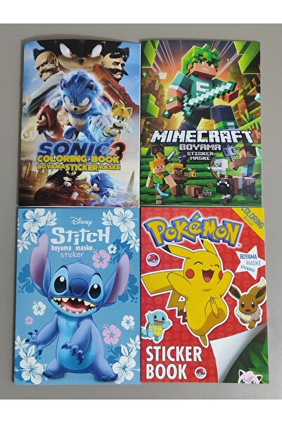 ada çanta kırtasiye 4 adet stickerli boyama kitabı (sonic3/minecraft/pocemon/...
