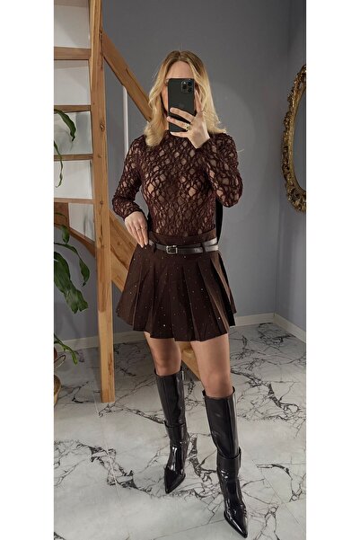 rose tml giyim Women's Stoned Shiny Brown Belted Short Skirt