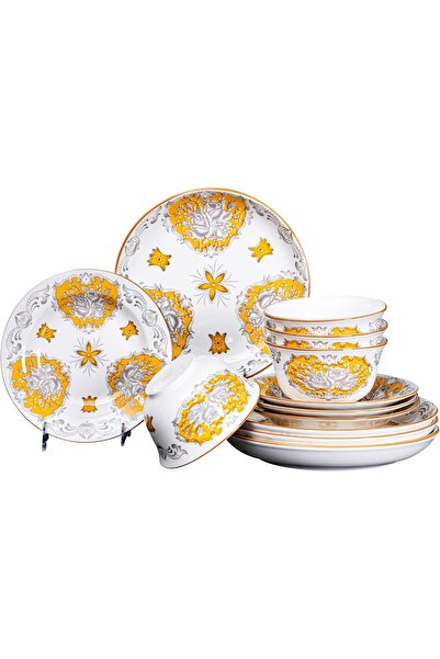 Generic طقم عشاء من السيراميك مكون من 12 قطعة بنقوش زهرية ذهبية وبيضاء