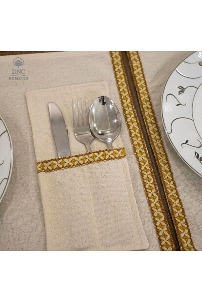 DNC home tekstil Six-Piece Raw Linen Yellow Striped American Service Set (35X55 with Spoon Holder Gift)
