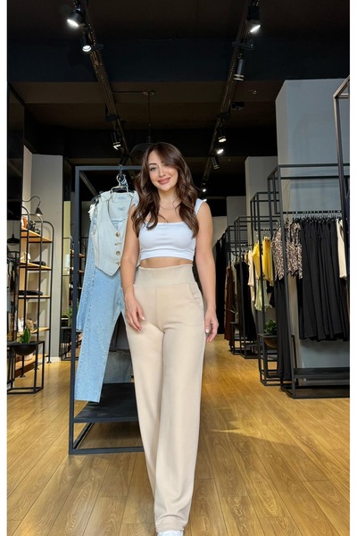 timagna Yüksek Bel Geniş Paça Örme Pantolon - Beli Lastikli Rahat Kesim Eşofman