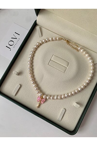 JOVİ ATELİER 40cm - Sertifikalı Doğal İnci Kolye - Pembe Kurdele Fiyonk Charm...