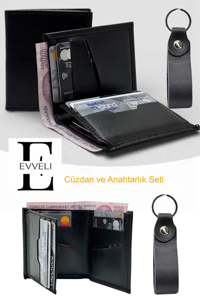 EVVELİ Leather Wallet and Keychain Set
