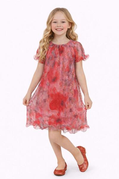 Nacar 23 Nisan 29 Ekim Gösteri Kıyafeti Kız Çocuk Kırmızı Tonlu Desenli Şifon...