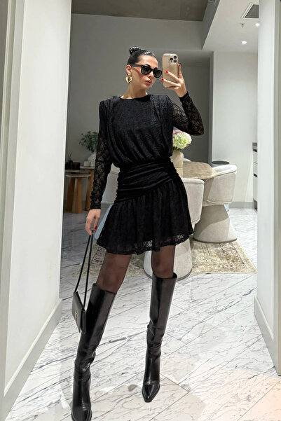 Sorridi Black Waist Draped Lace Short Dress