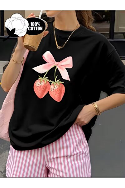 Marco Fresco Strawberry Pattern Bow Print T-Shirt - Soft Round Neck