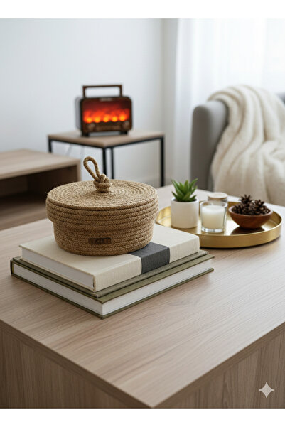 AZR HOME DESİGN Natural Jute Rope Handmade Basket with Straw Lid, Multi-Purpo...