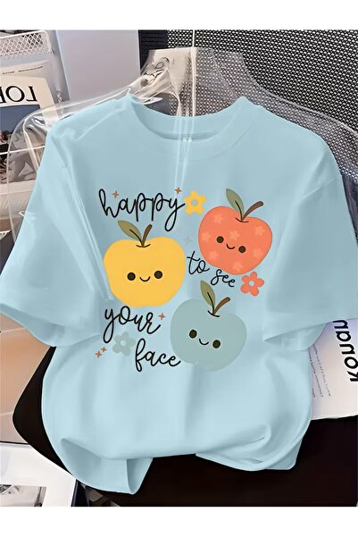 oneagılyazı Apple Patterned Fashion Printed Women's T-Shirt |   Crew Neck, Sh...