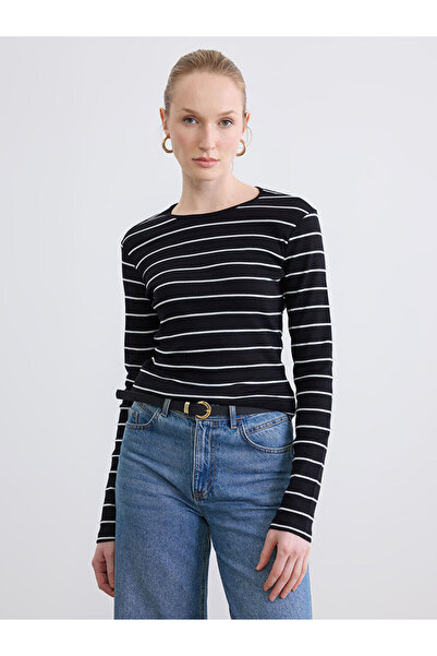 LC Waikiki LCW EVERYDAY Ekru Bisiklet Yaka Çizgili Kadın Body