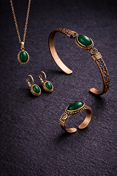 İyyaKee Kadın Bakır Bileklik Kolye Yüzük Küpe Takım Seti Doğal Yeşil Akik Taş...