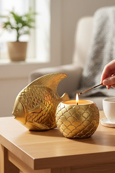 ardesta Gold Balık Biblo Mumluk Seti | Kokulu Organik Soya Wax Mum | Şans & E...