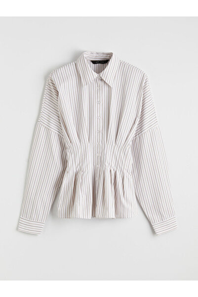 LC Waikiki LCW Vision Kahverengi Çizgili Kadın Pileli Peplum Gömlek