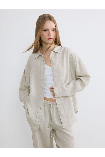 LC Waikiki Bej Oversize Keten Kadın Gömlek
