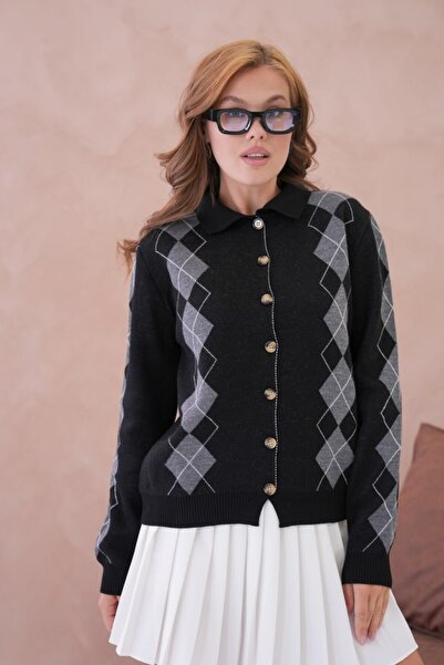 venezia giyim Women's Polo Collar Button Detail Patterned Knitwear Jacket //V...