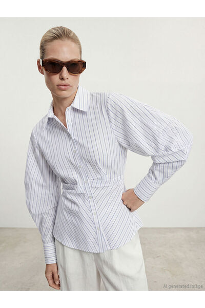 LC Waikiki GÜLİS GİYİMDEN Mavi Çizgili Balon Kollu Büzgülü Kadın Gömlek