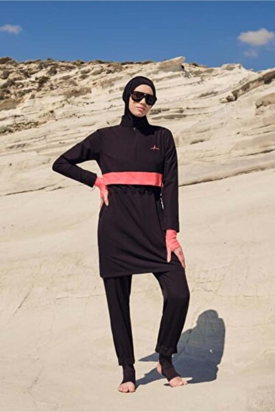 Haşema Esila Stripe Monogram Black Orange Hijab Swimsuit Top