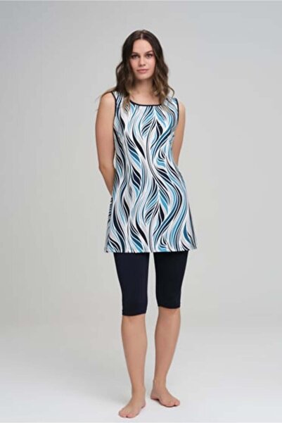 Haşema Μαγιό πισίνας με πολύχρωμα σχέδια και μηδενικά μανίκια σε σκούρο μπλε